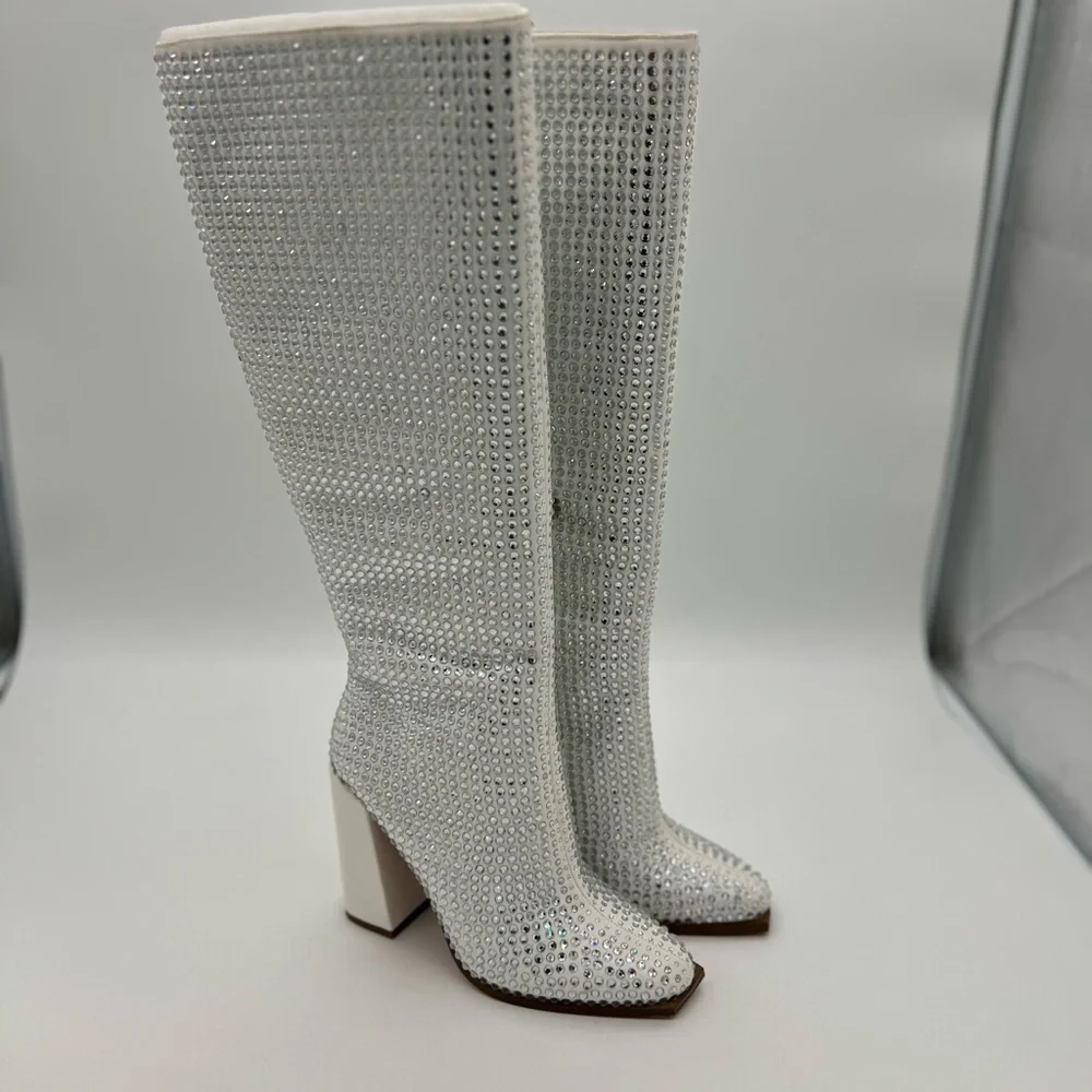Jessica Simpson Women's Lovelly Embellished Over The Knee Boot High, White, 7